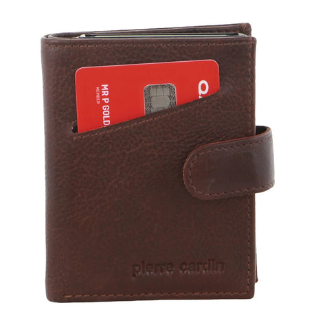 Pierre Cardin Leather Smart Slide Card Holder Tab Wallet with Buckle RFID - Brown