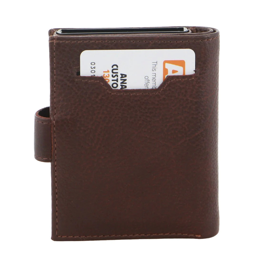 Pierre Cardin Leather Smart Slide Card Holder Tab Wallet with Buckle RFID - Brown