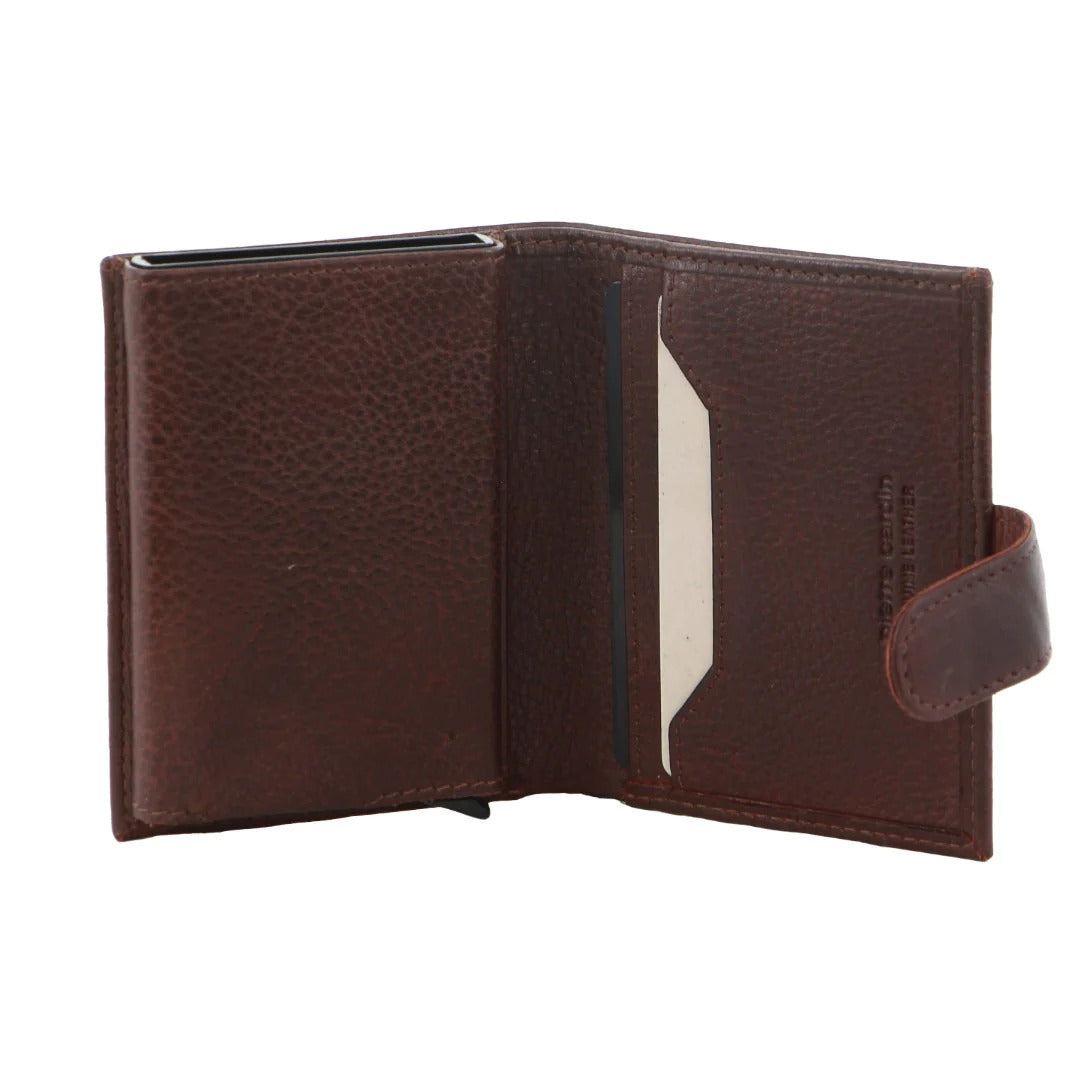 Pierre Cardin Leather Smart Slide Card Holder Tab Wallet with Buckle RFID - Brown