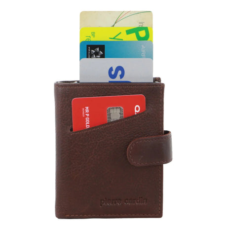 Pierre Cardin Leather Smart Slide Card Holder Tab Wallet with Buckle RFID - Brown