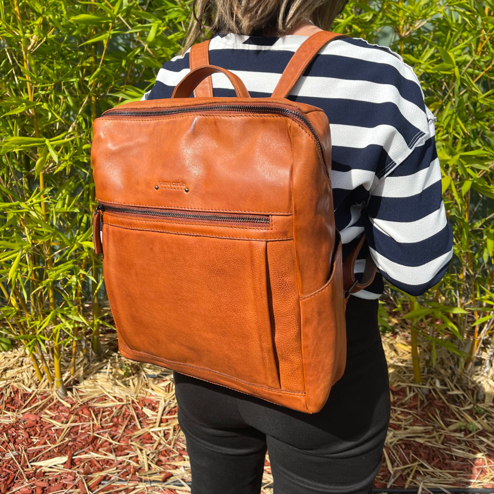 Pierre Cardin Italian Leather Unisex Backpack Bag w 15" Laptop Insert in Cognac