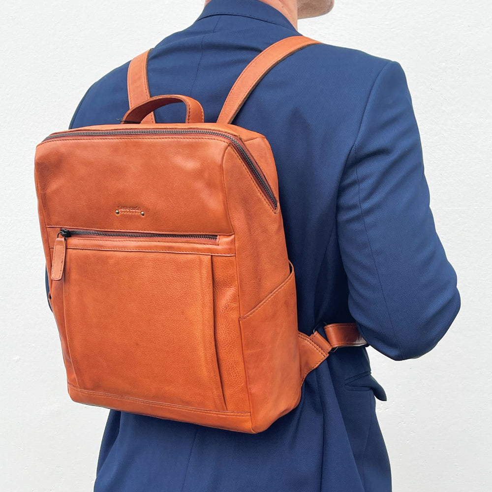Pierre Cardin Italian Leather Unisex Backpack Bag w 15" Laptop Insert in Cognac