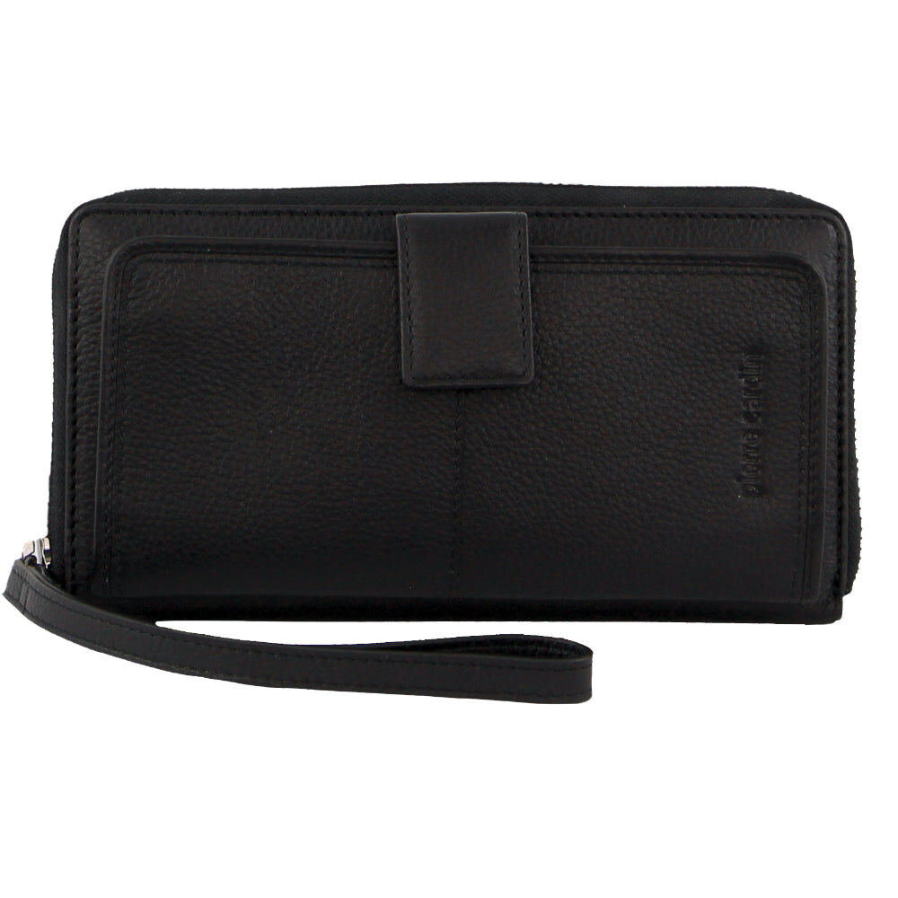 Pierre Cardin Womens Leather Zip Around Wallet RFID Blocking w/ Wristlet in Black