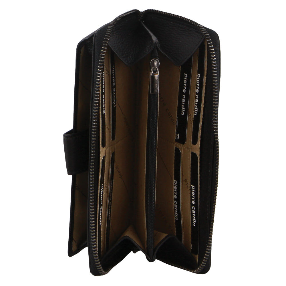 Pierre Cardin Womens Leather Zip Around Wallet RFID Blocking w/ Wristlet in Black