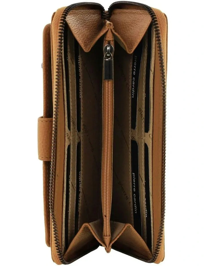 Pierre Cardin Womens Leather Zip Around Wallet RFID Blocking w/ Wristlet in Tan