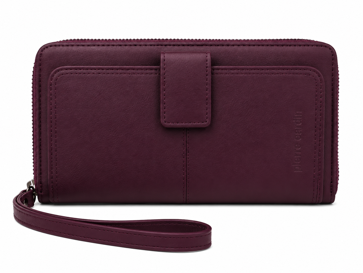Pierre Cardin Womens Leather Zip Around Wallet RFID Blocking w/ Wristlet in Wine