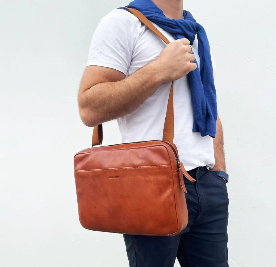 Pierre Cardin Mens Italian Leather Business Computer Laptop Bag in Cognac