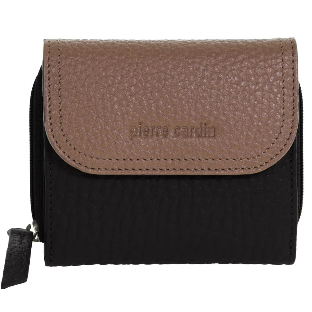 Pierre Cardin Ladies Leather Tri-Fold Tab Wallet - Black/Taupe