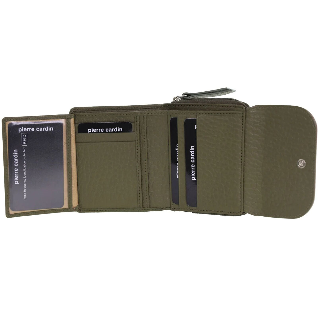 Pierre Cardin Ladies Leather Tri-Fold Tab Wallet - Green/Taupe
