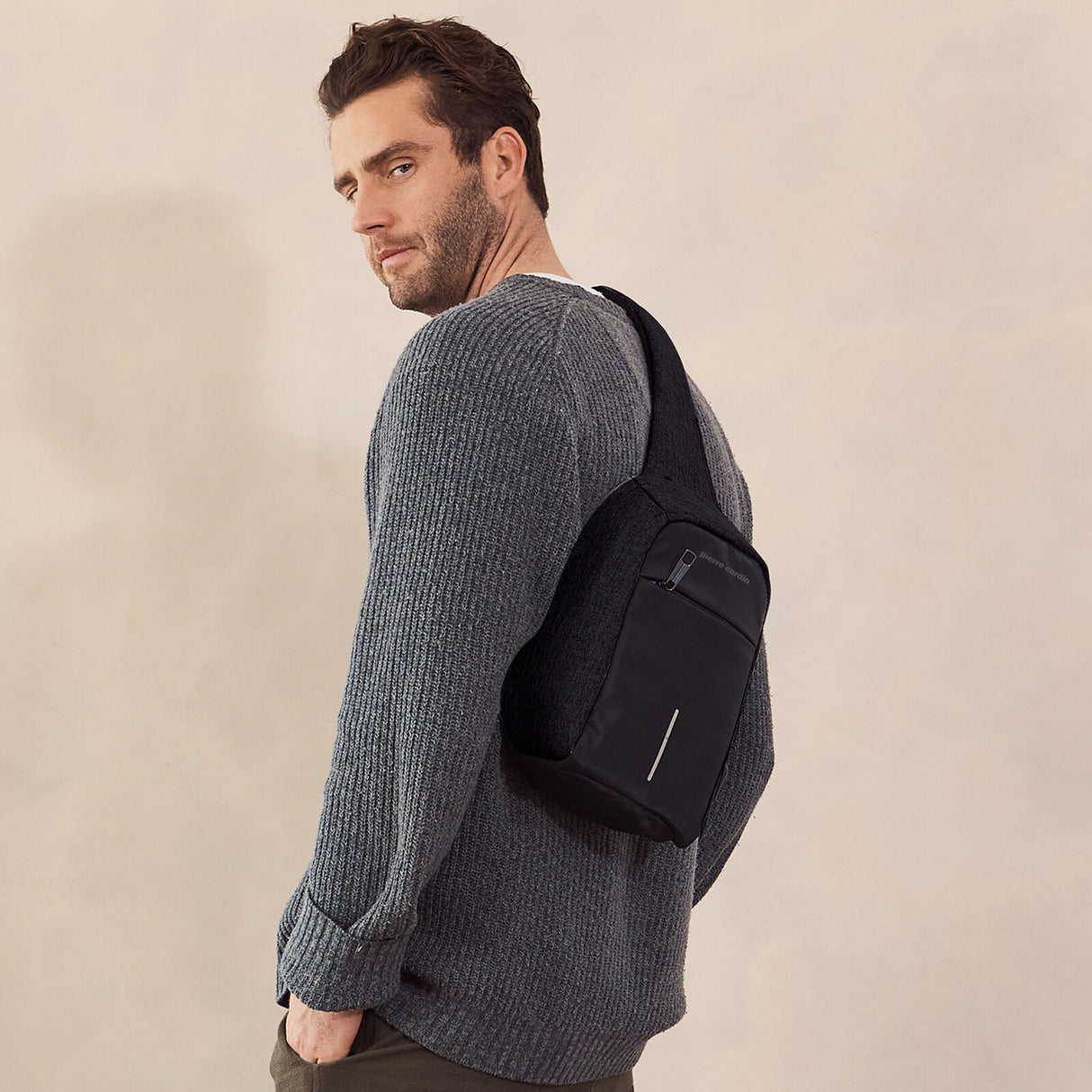Pierre Cardin Mens Nylon Travel Crossbody Sling Bag - Black