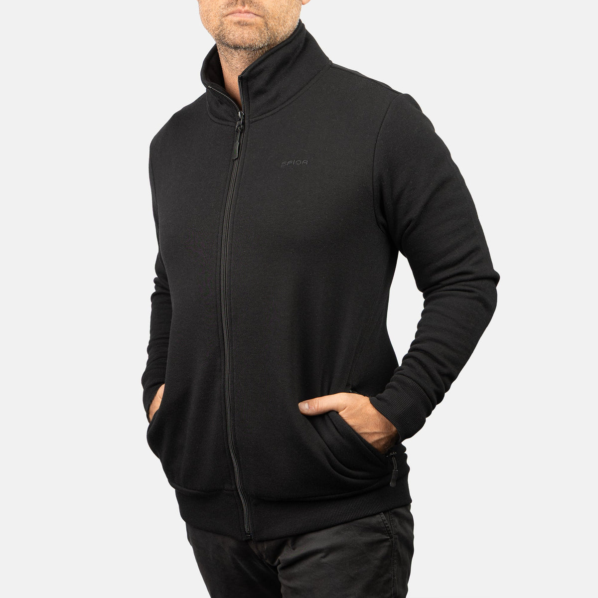 Sfida Perry Mens Fleece Full Zip Jacket - Black (Stand Collar Track Top)