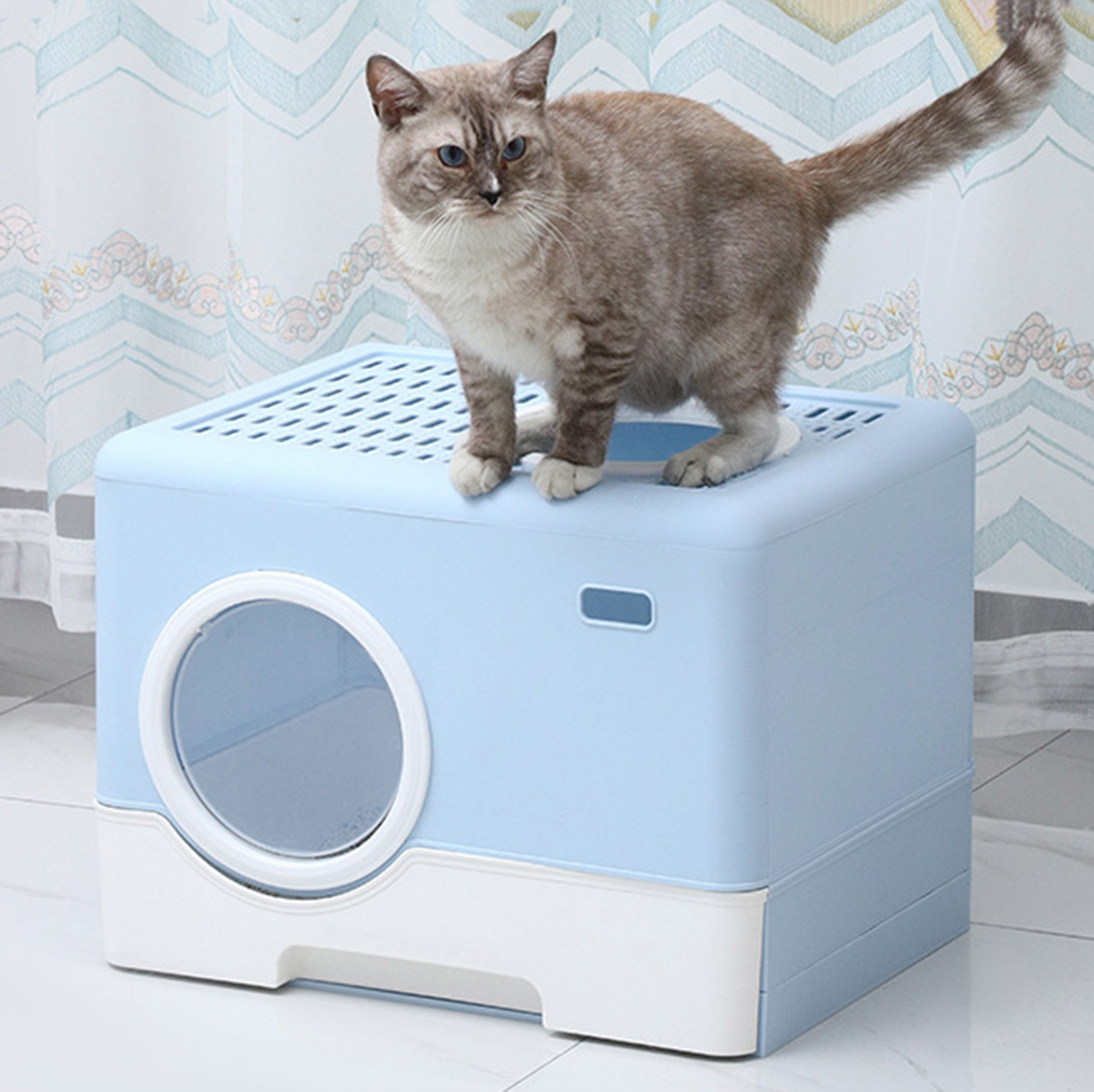 Furbulous Camera Shape Anti-Splashing Enclosed Cat Drawer Litter Box - Blue
