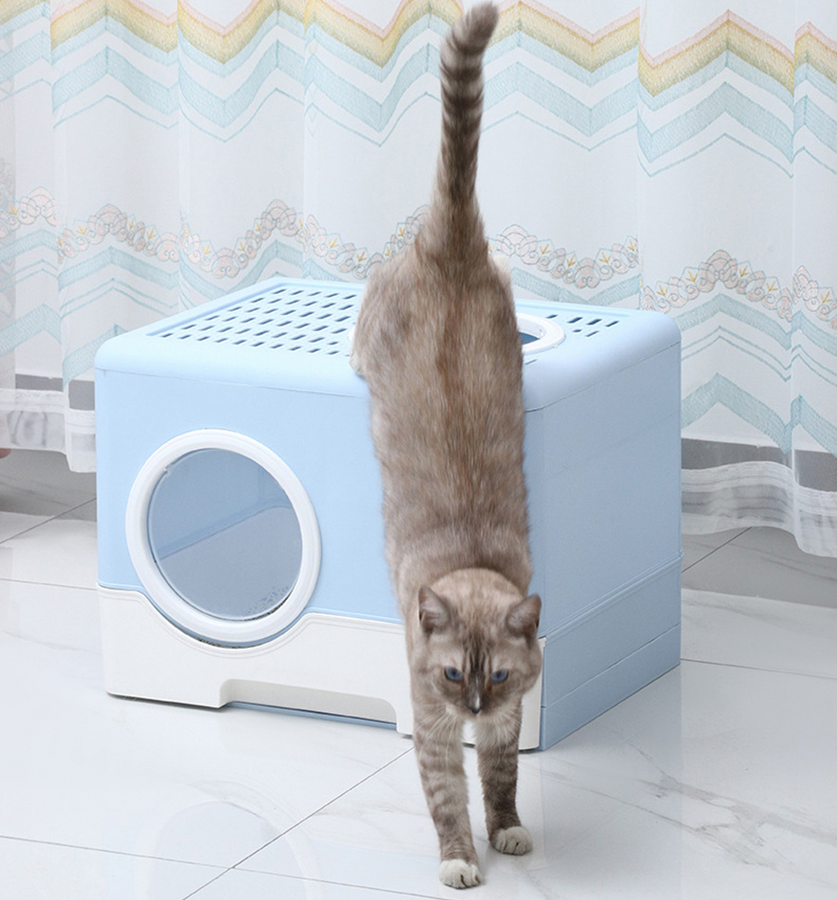 Furbulous Camera Shape Anti-Splashing Enclosed Cat Drawer Litter Box - Blue