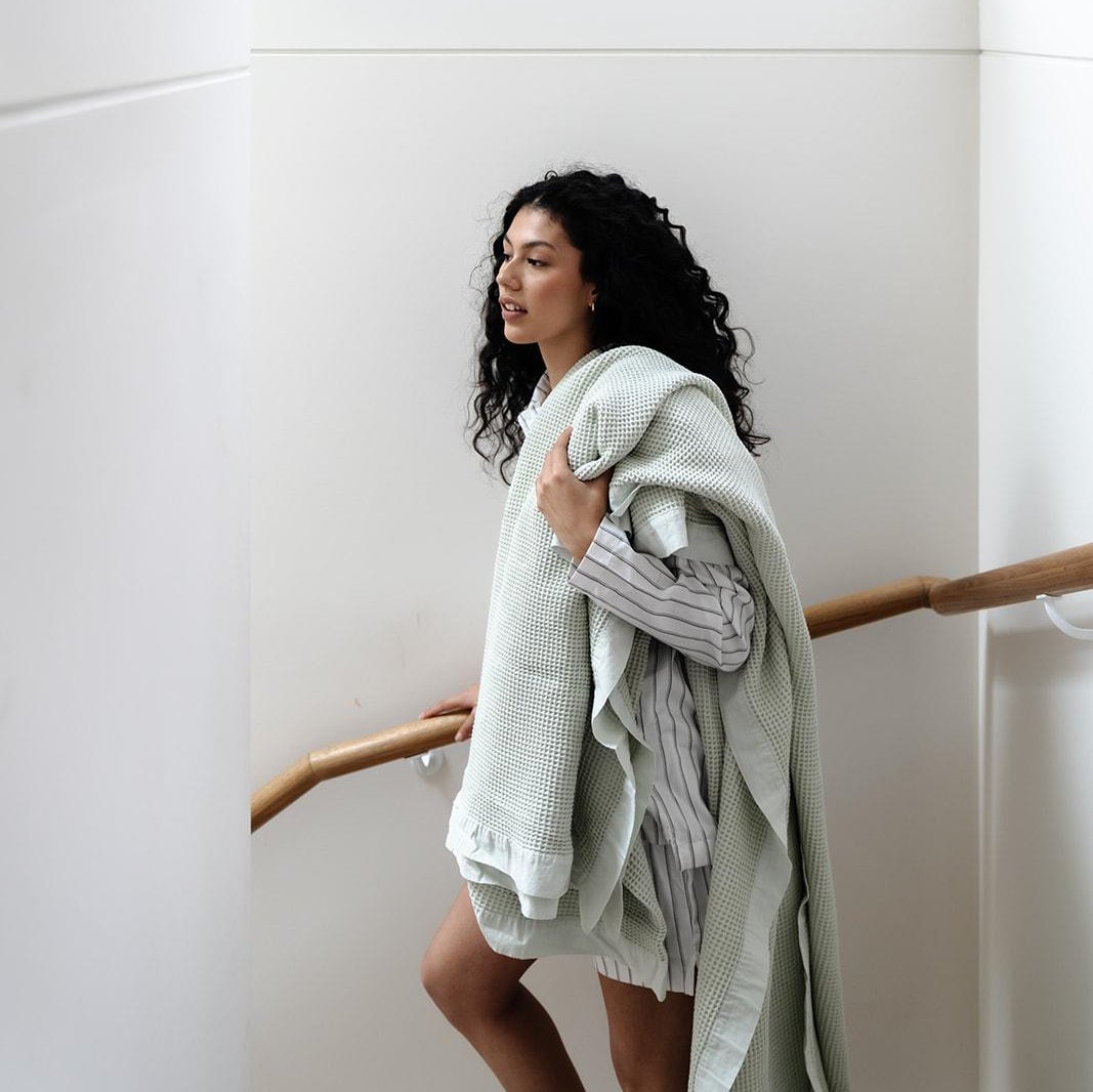 100% Cotton Waffle Blanket - Queen - Silver Green