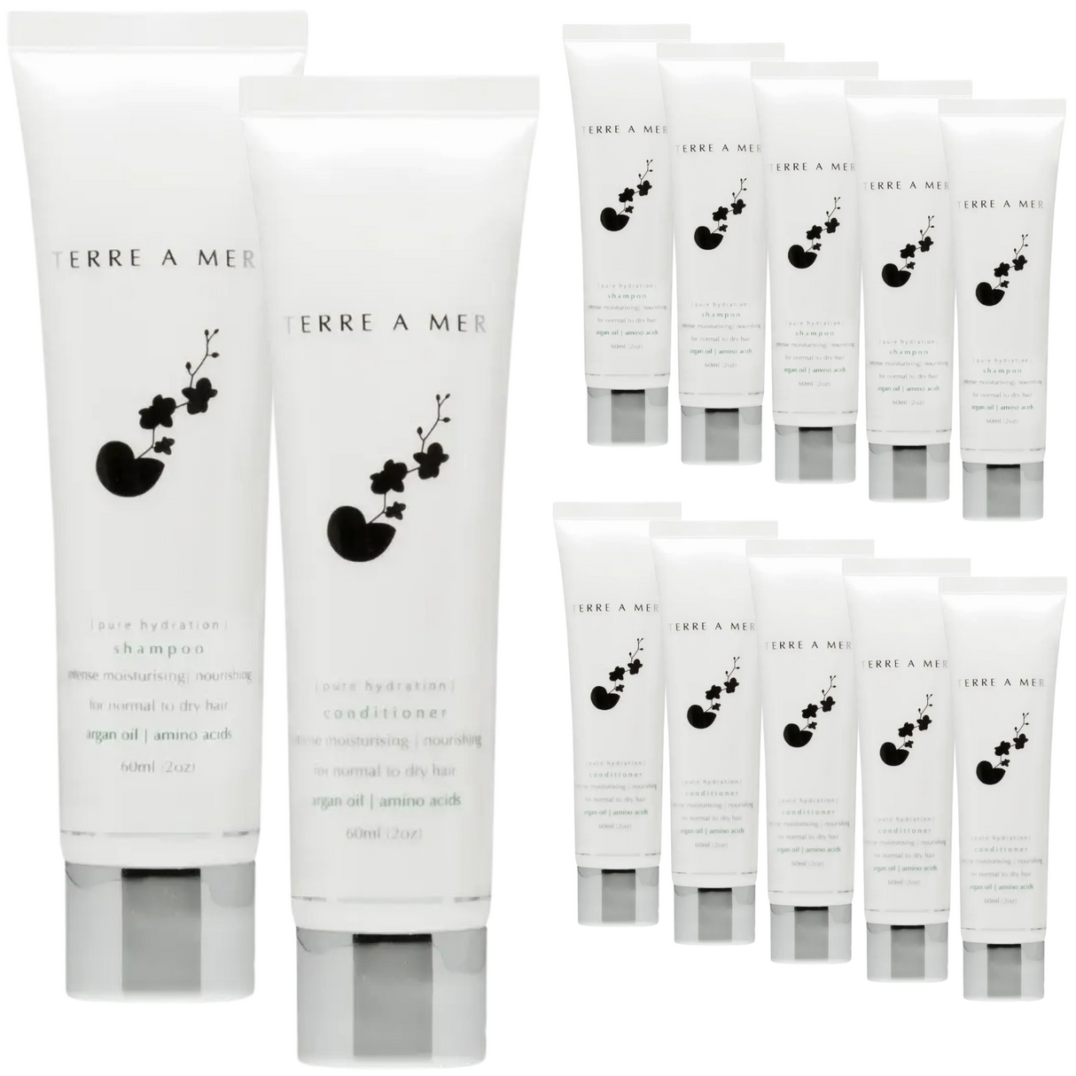 12pc Set Terre A Mer Pure Hydration Amino Acid/Argan Oil Shampoo & Conditioner - 60ml Travel Size