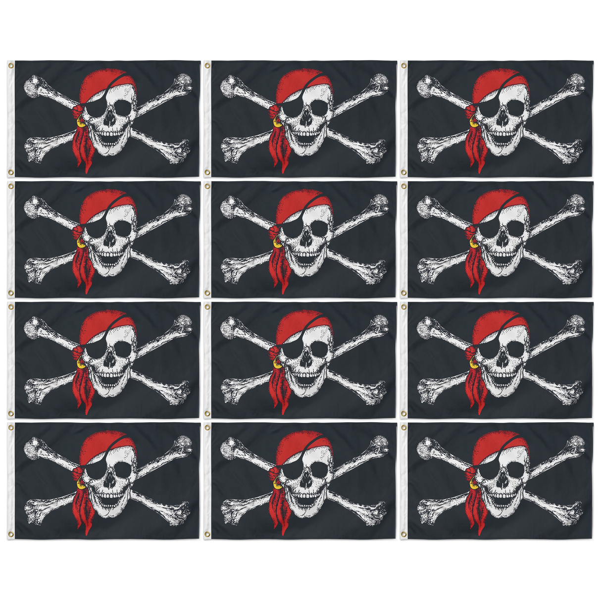 12x Black Pirate Flag w/ Skull, Crossbones & Red Bandana Bulk Pack - Large Jolly Roger Flag - 150x90cm