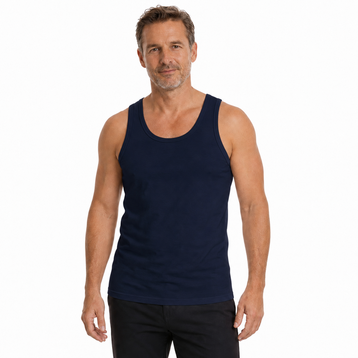 Mens 100% Cotton Plain Singlet Tank Top - Basic Slim Gym Top - Navy