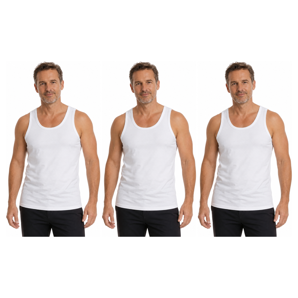 3x Mens 100% Cotton Plain Singlet Tank Top Pack - White (Basic Slim Gym Top)