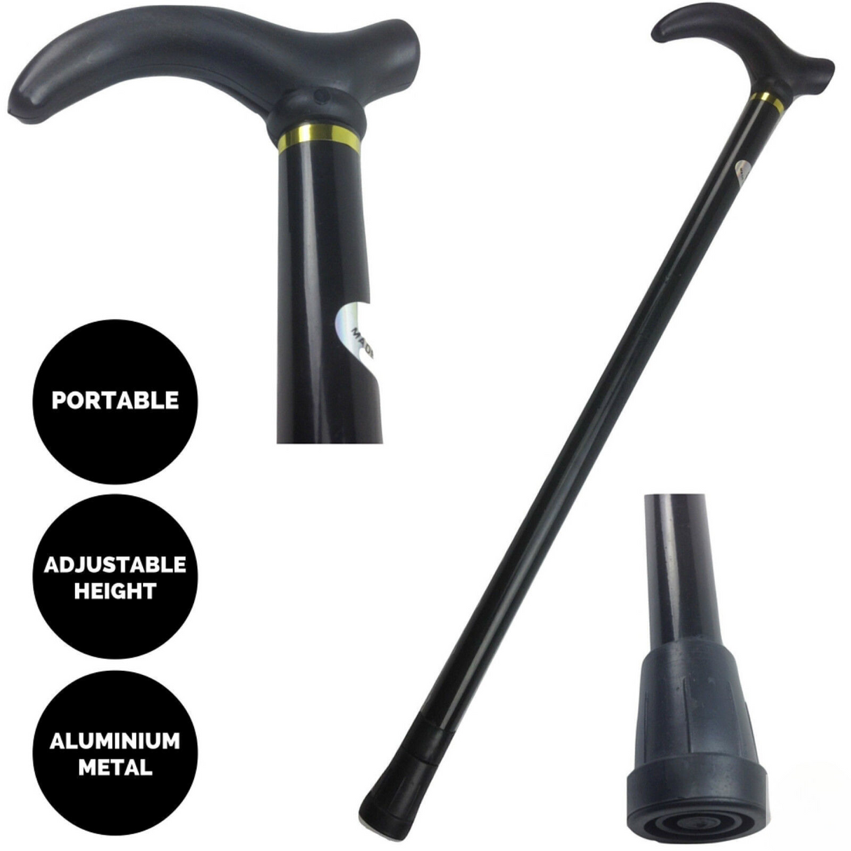 Metal WALKING STICK Travel Extendable Pole Compact Adjustable Lightweight - Black