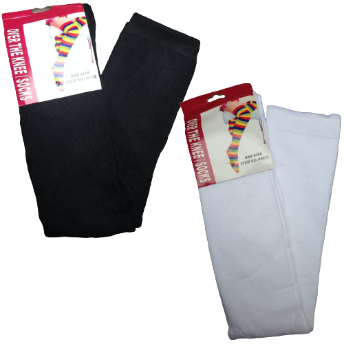 2 Pairs Ladies Over The Knee Socks Plain Black + White High Thigh Long Stockings