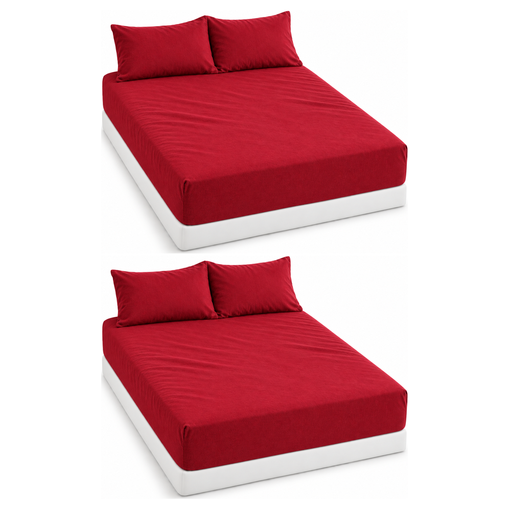 2x 100% Egyptian Flannelette Cotton Queen Fitted Sheet Set & Pillow Cases Pack - Deep Red