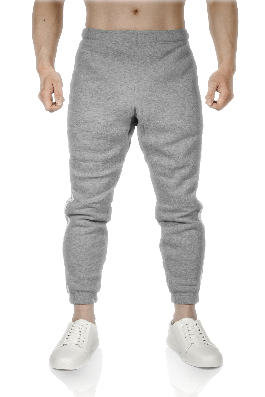 Mens Fleece Skinny Track Pants Jogger Gym Casual Sweat Trackies Warm Trousers - Grey Marle/White Stripe