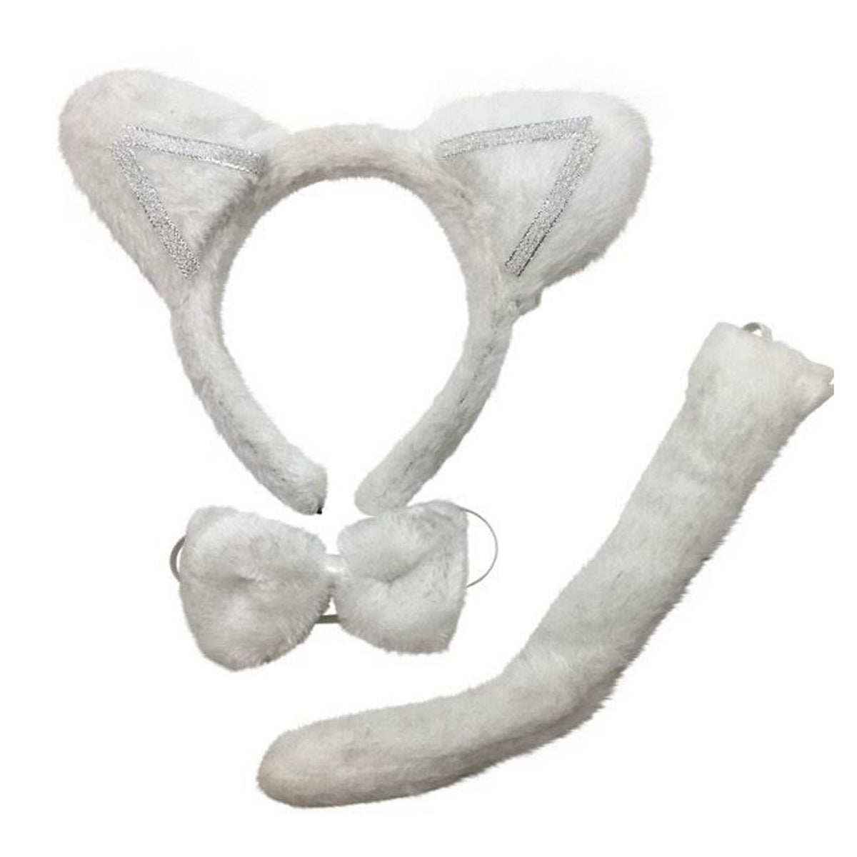 3pcs White Cat Animal Set - Bow Tie, Tail & Ears (Book Week Costume & Halloween Fancy Dress)