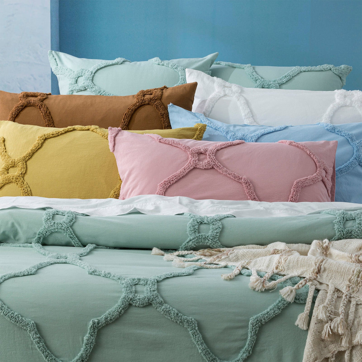 Renee Taylor Moroccan Vintage Washed Tufted Cotton Chenille Quilt Cover Set - Sky