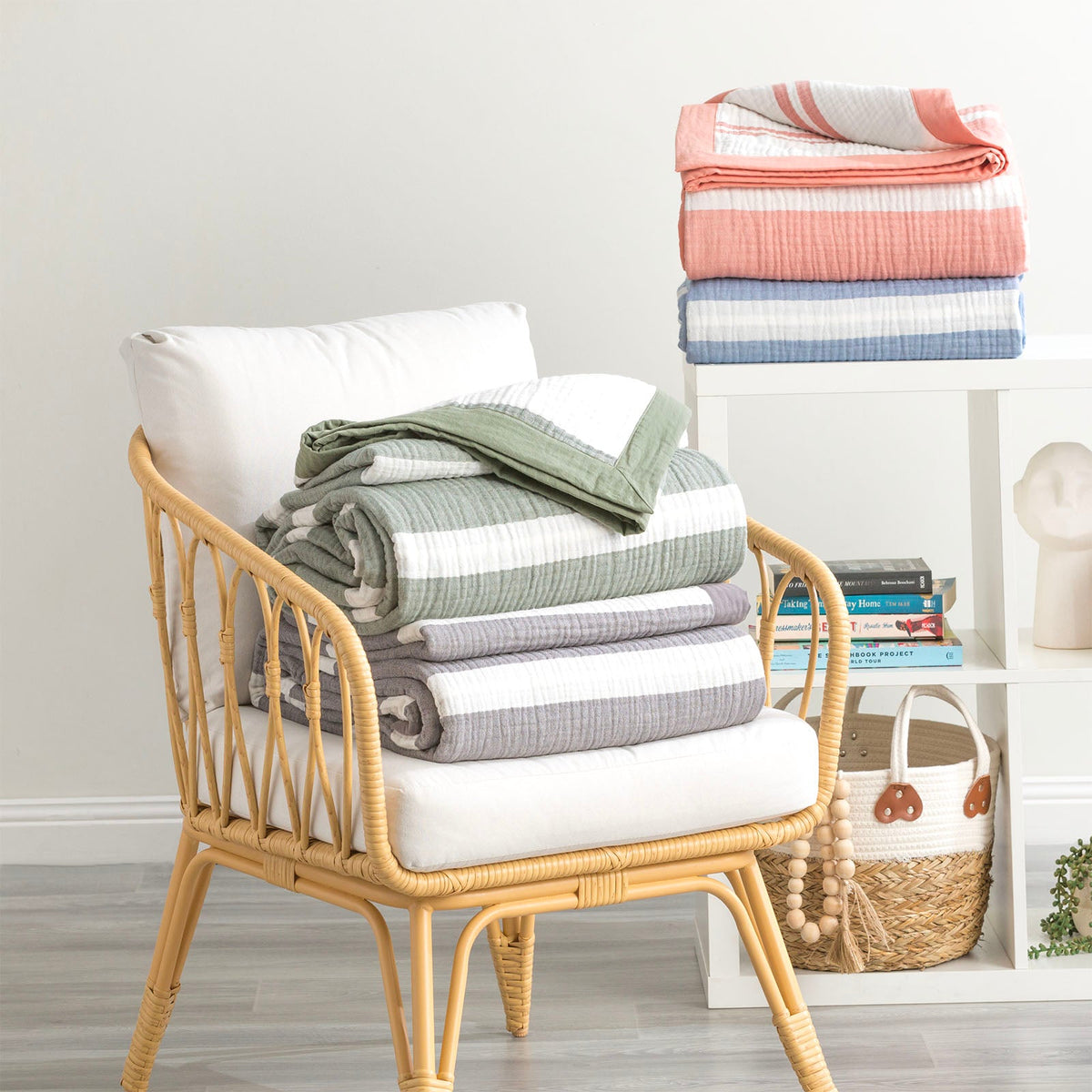 Renee Taylor Brighton Washed Cotton Muslin Stripe Blanket - Mystic (OEKO-TEX Certified)