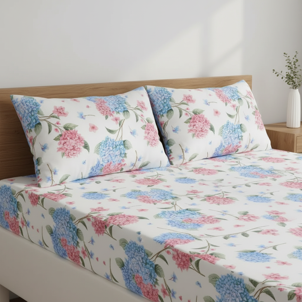Meadow Bouquet Double Comforter Set w/ Fitted Sheet & 4 Pillow Covers - Pink/Blue (6 Piece Set)