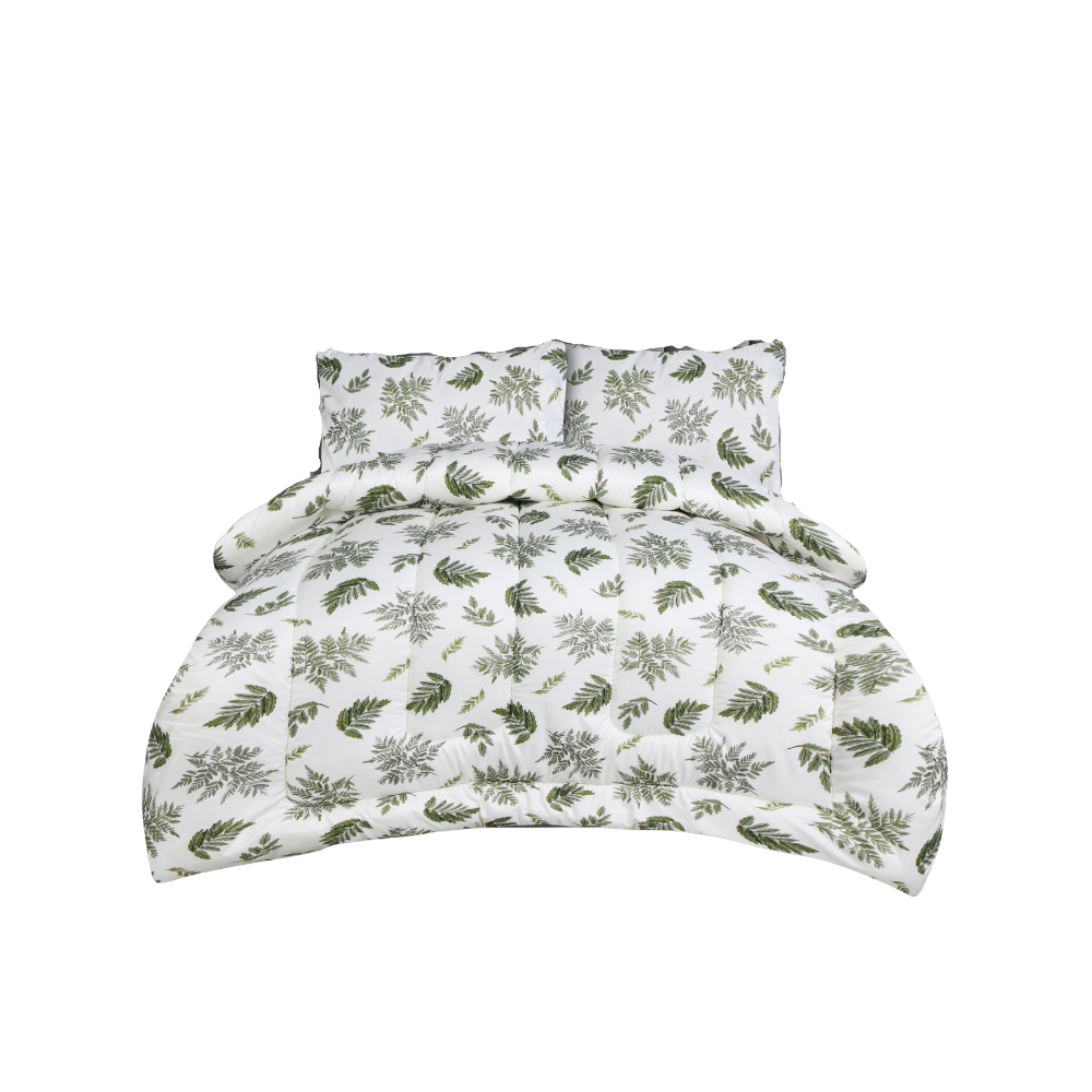 Woodland Fern Single Comforter Set w/ Fitted Sheet & 2 Pillow Covers - Green/White (4 Piece Set)