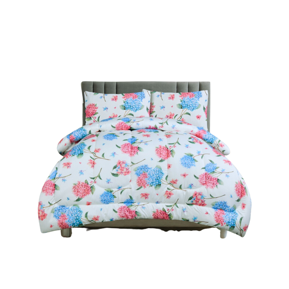 Meadow Bouquet Double Comforter Set w/ Fitted Sheet & 4 Pillow Covers - Pink/Blue (6 Piece Set)