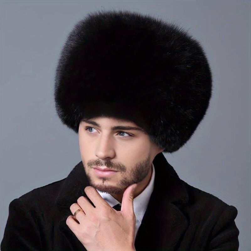 Mens Ushanka Ukrainian Trapper Hat in Black Faux Fur Windproof & Insulated Winter Cap