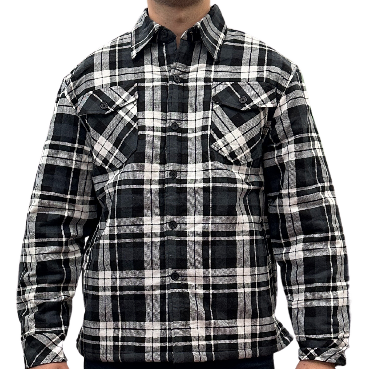 Jacksmith Mens Quilted Flannelette Shirt Jacket - Black/Charcoal/White (100% Cotton Padded Long Sleeve Flannel)