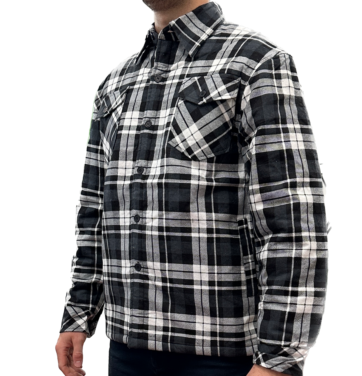 Jacksmith Mens Quilted Flannelette Shirt Jacket - Black/Charcoal/White (100% Cotton Padded Long Sleeve Flannel)