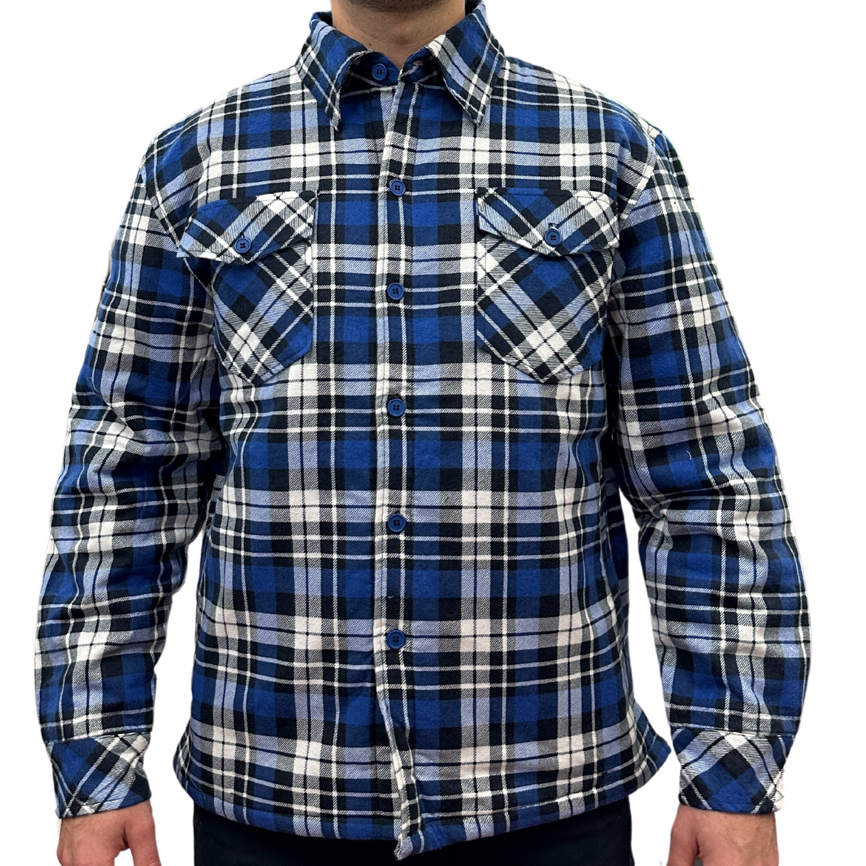 Mens Quilted Flannelette Shirt Jacket - Black/Navy/White (100% Cotton Padded Long Sleeve Flannel)