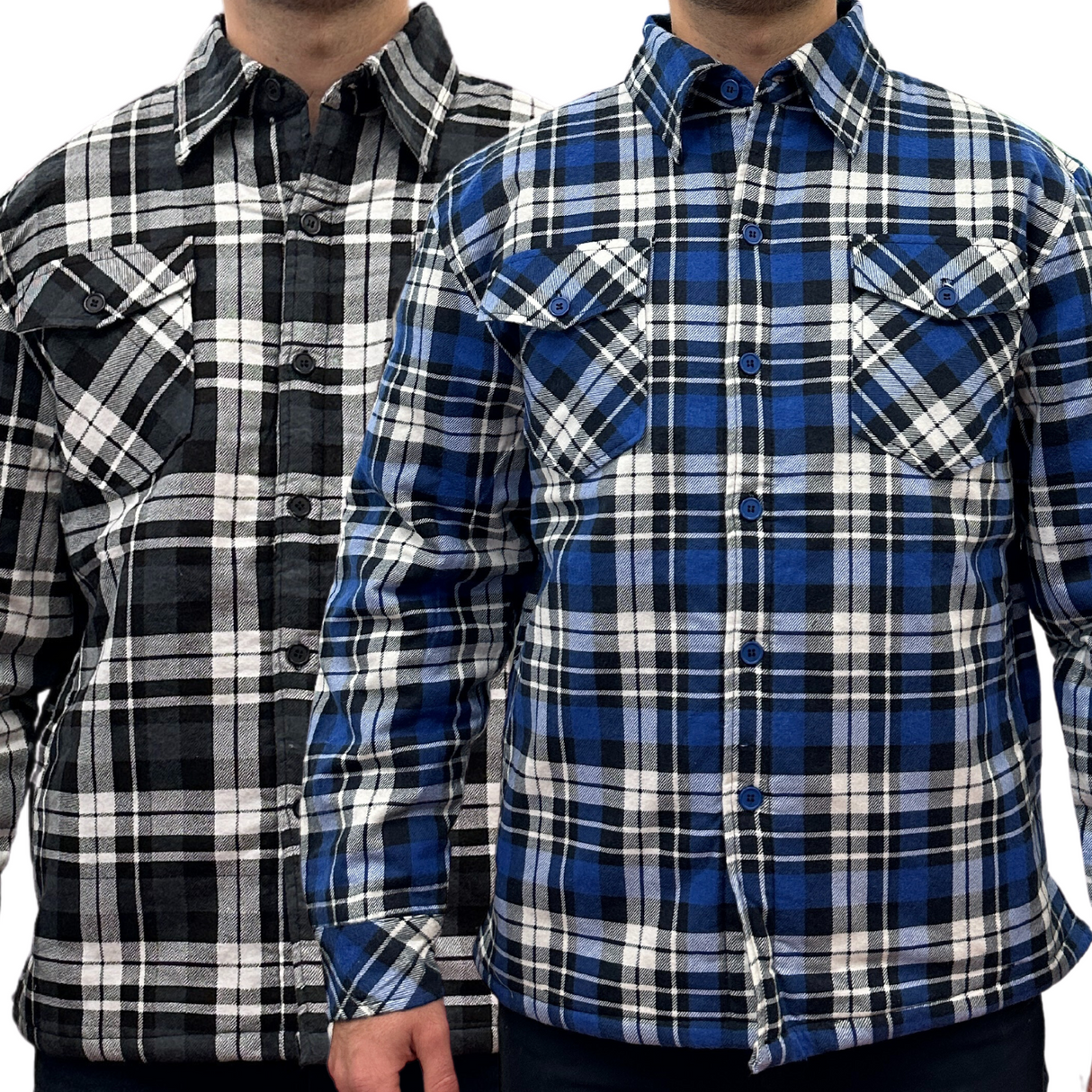 Mens QUILTED FLANNELETTE SHIRT 100% COTTON Flannel Jacket Padded Long Sleeve - Black/Charcoal/White (Quilted)