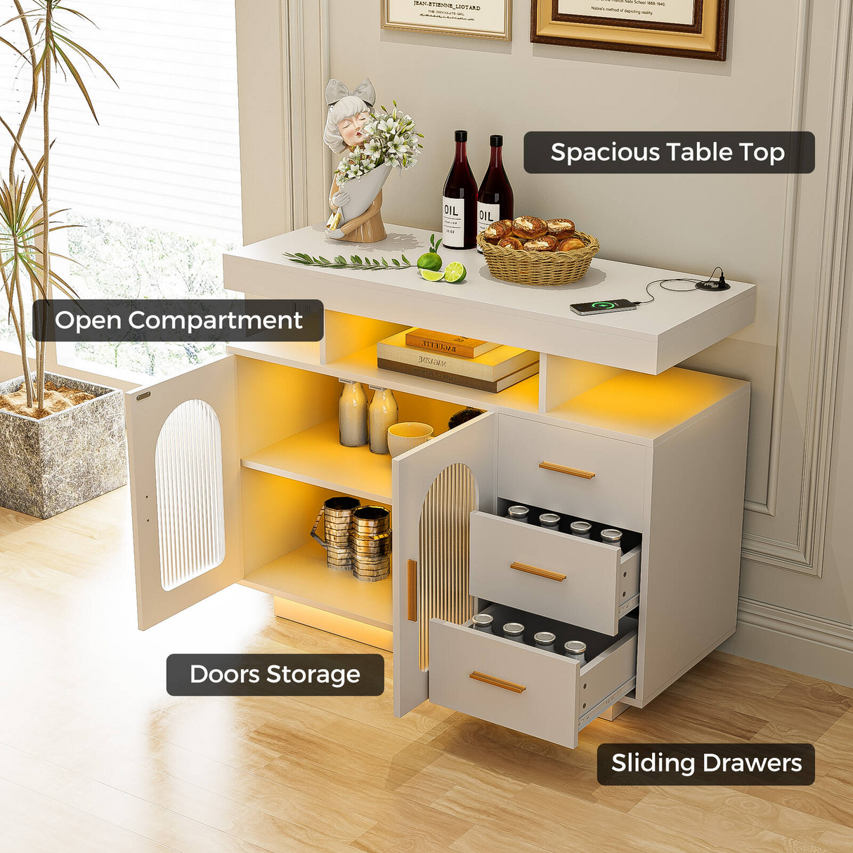 Modern Buffet Sideboard Cabinet With RGB LED Light & Charging Statio