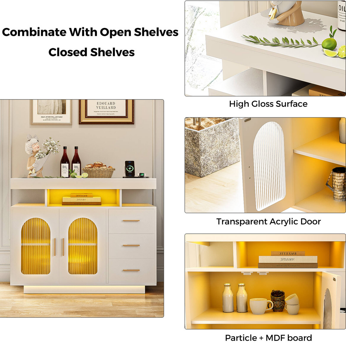 Modern Buffet Sideboard Cabinet With RGB LED Light & Charging Statio