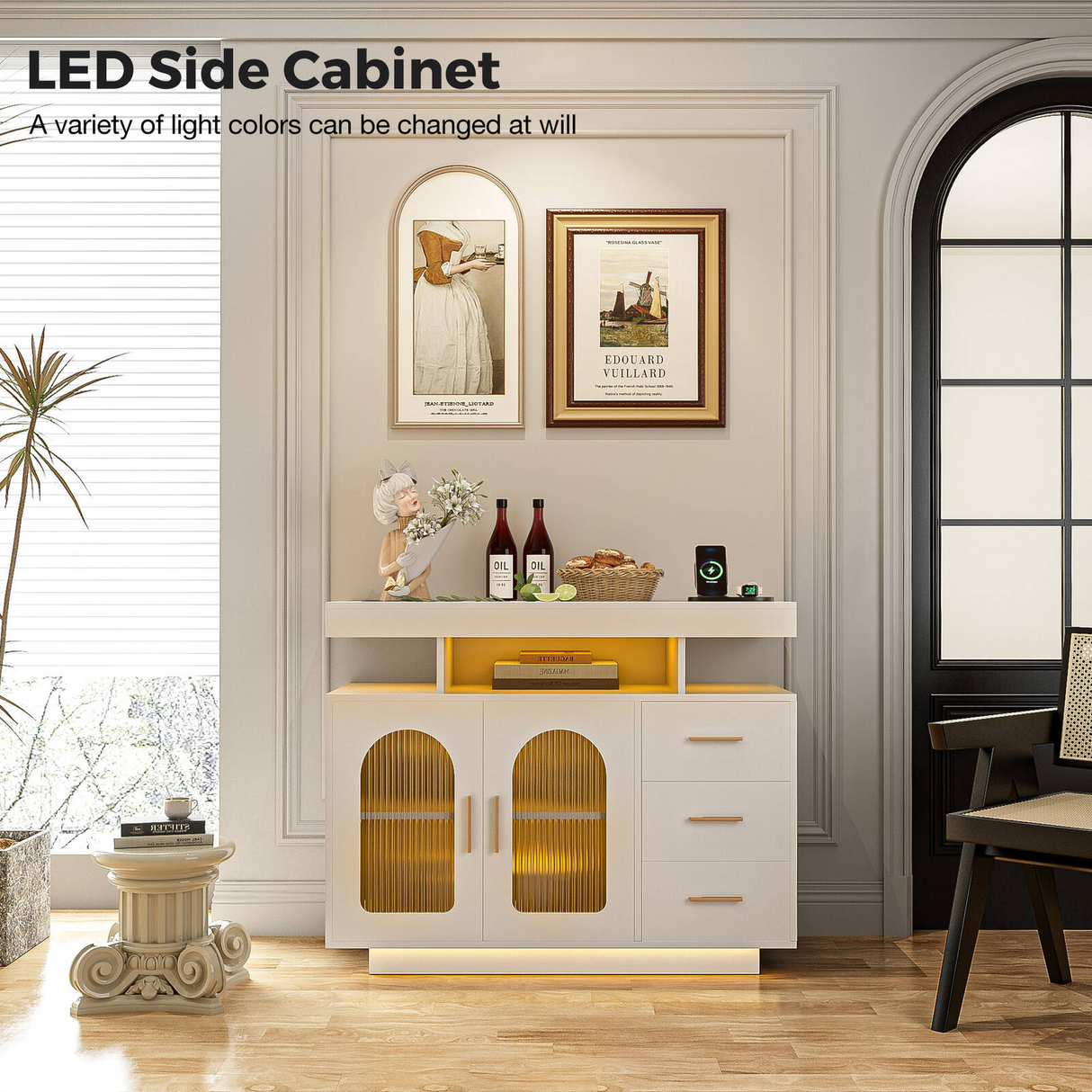 Modern Buffet Sideboard Cabinet With RGB LED Light & Charging Statio