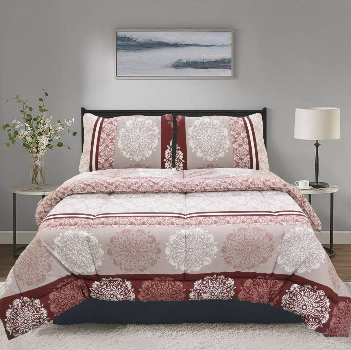 Queen Comforter Set with 2 Pillow Cases in Maroon Floral