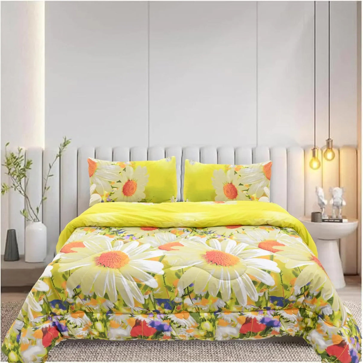 Queen Comforter Set with 2 Pillow Cases - Yellow Floral (Quilt Cover)