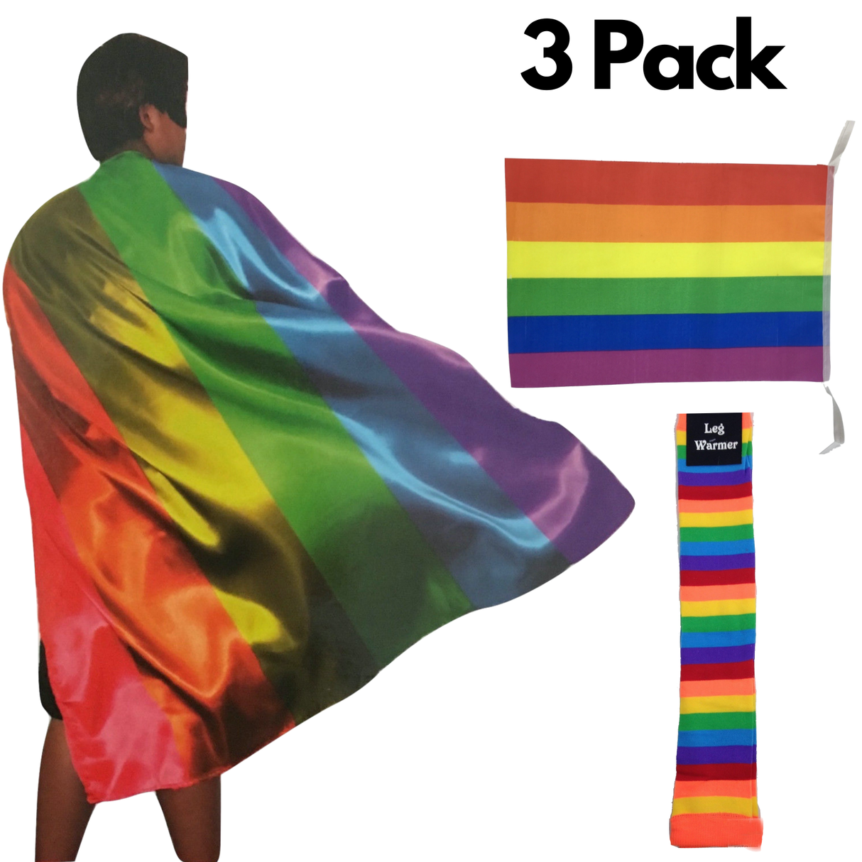 3pc Set Rainbow Leg Warmers + Deluxe Cape + Bunting Flag (Gay Pride Costume)