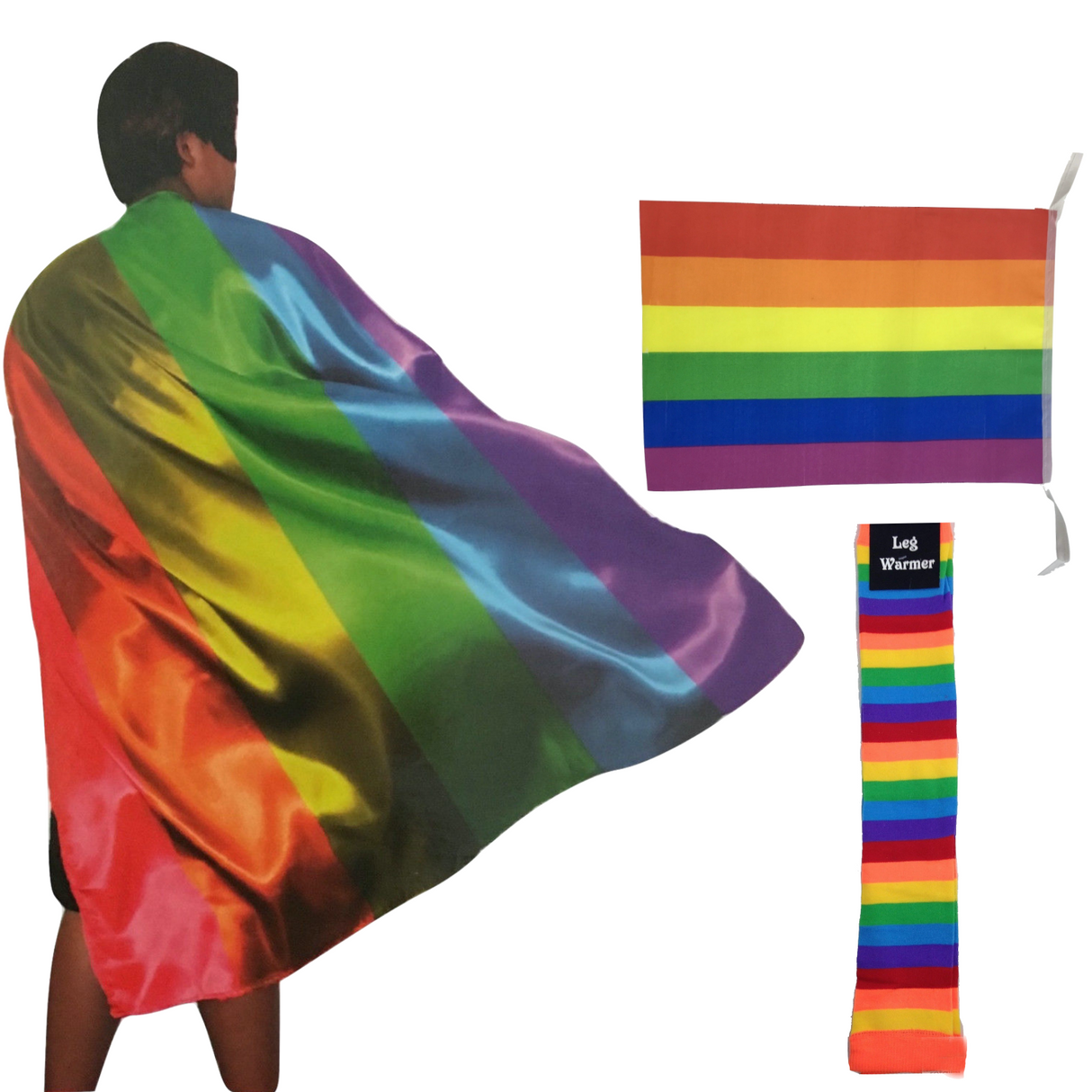 3pc Set Rainbow Leg Warmers + Deluxe Cape + Bunting Flag (Gay Pride Costume)