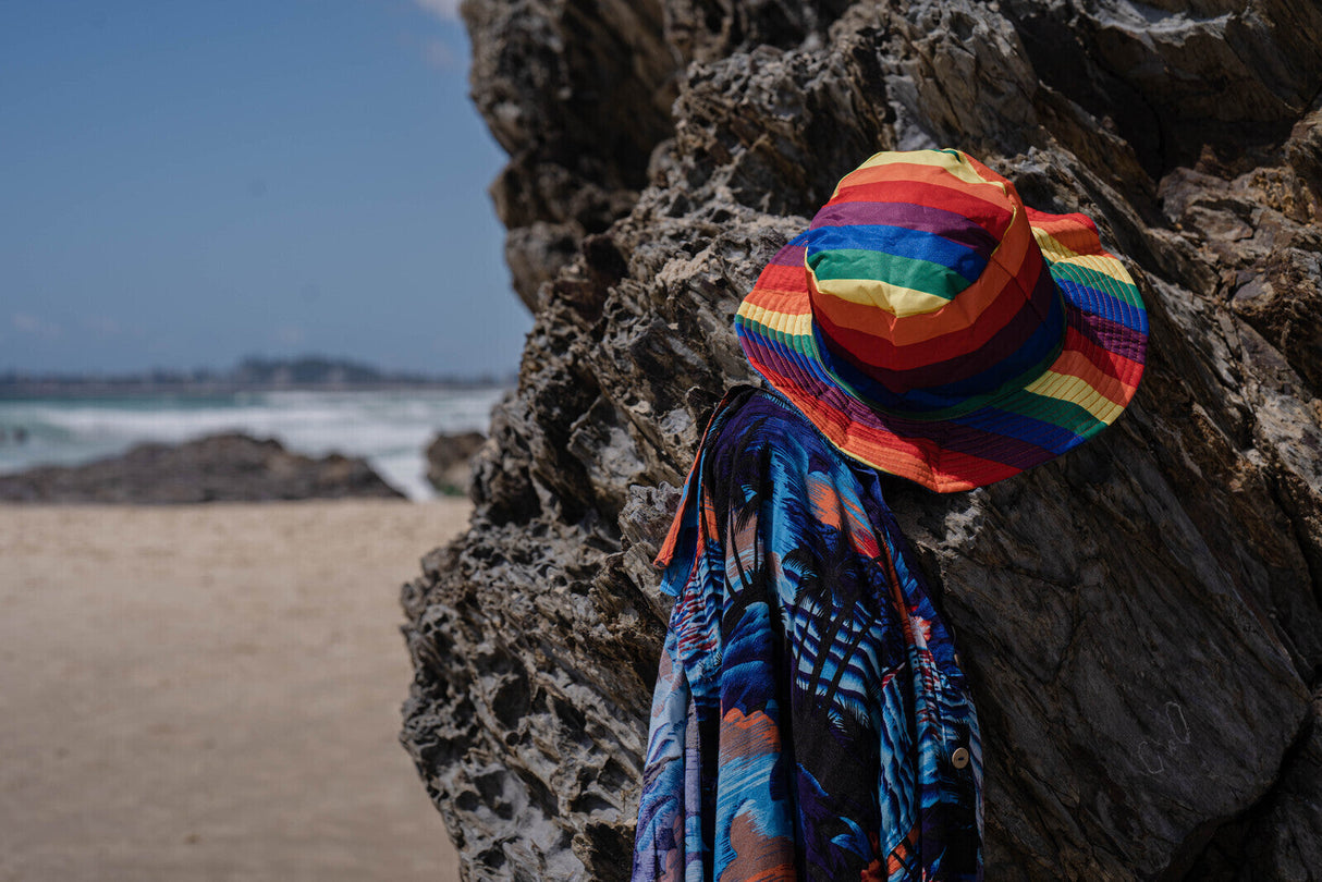 Rainbow Terry Towelling Bucket Hat Gay Lesbian Mardi Gras Party Cap LGBT - Reversible