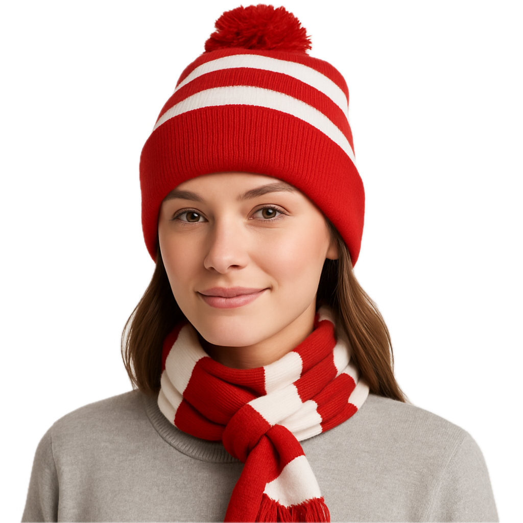 Red White Stripe BEANIE & SCARF SET Hat Where's Wally Waldo Costume Ski Winter Cap