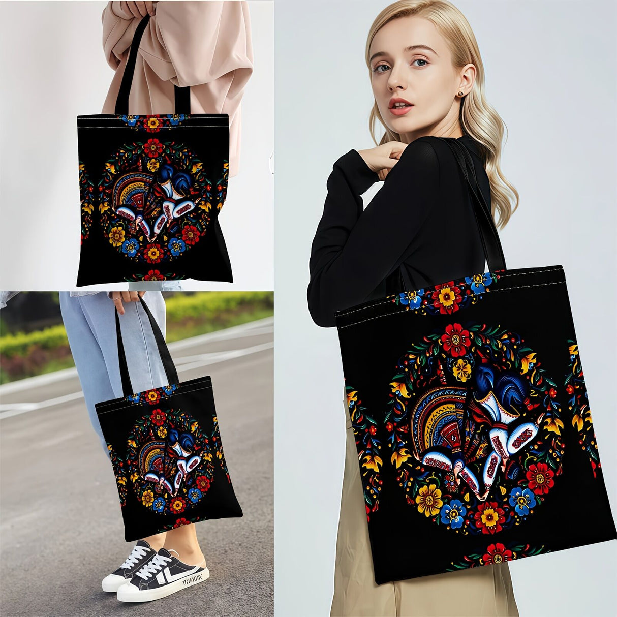 Ukrainian Floral Print Tote Bag - Black with Colourful Ethnic Pattern & Fixed Shoulder Straps