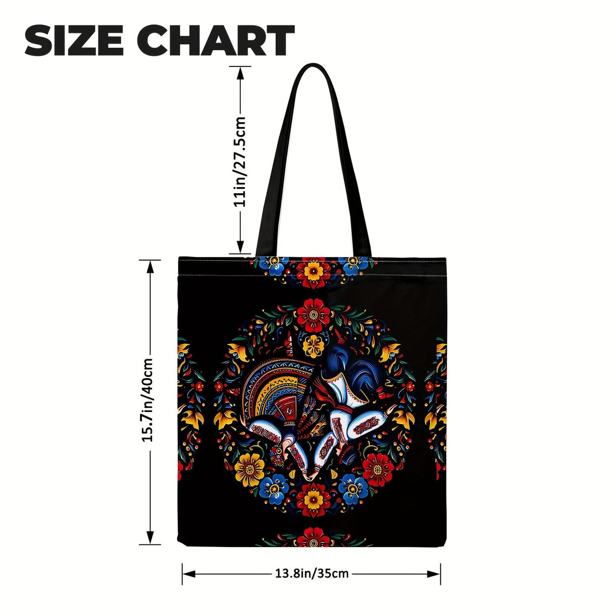 Ukrainian Floral Print Tote Bag - Black with Colourful Ethnic Pattern & Fixed Shoulder Straps