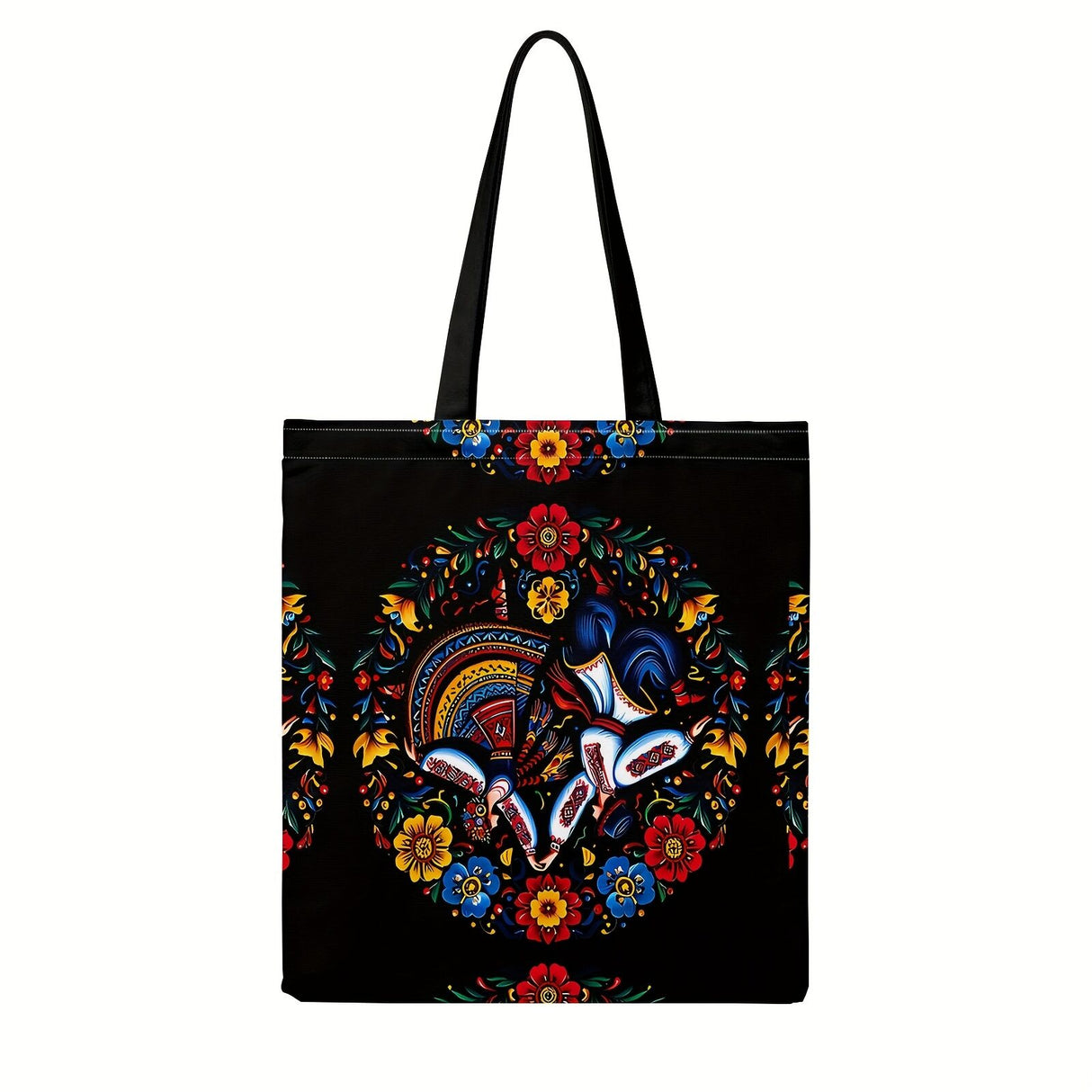 Ukrainian Floral Print Tote Bag - Black with Colourful Ethnic Pattern & Fixed Shoulder Straps