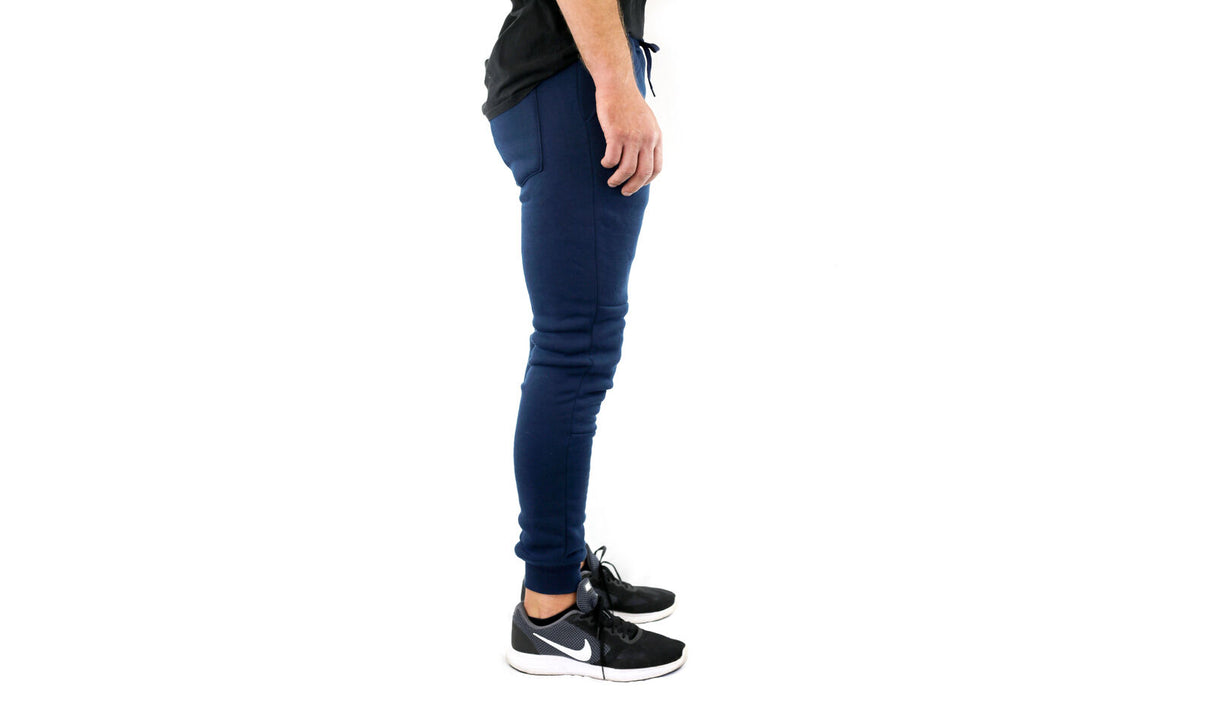 Riflessi Mens Navy Blue Fleece Skinny Track Pants - Slim Cuffed Joggers/Gym Sweatpants